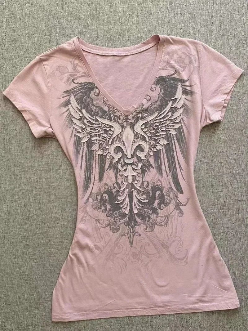 Neploe 2025 Summer Pink V-Neck Short Sleeve Slim Fit Waist Cinching Top American Vintage Fairycore Streetwear 2000S Y2K T-Shirt 250317