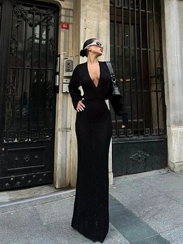 Sexy Knitted White Long Skirt Womens Deep V-neck Long Sleeve Slimming High Waist Party Beach Dress Spring Womens Hollow Robe 250320