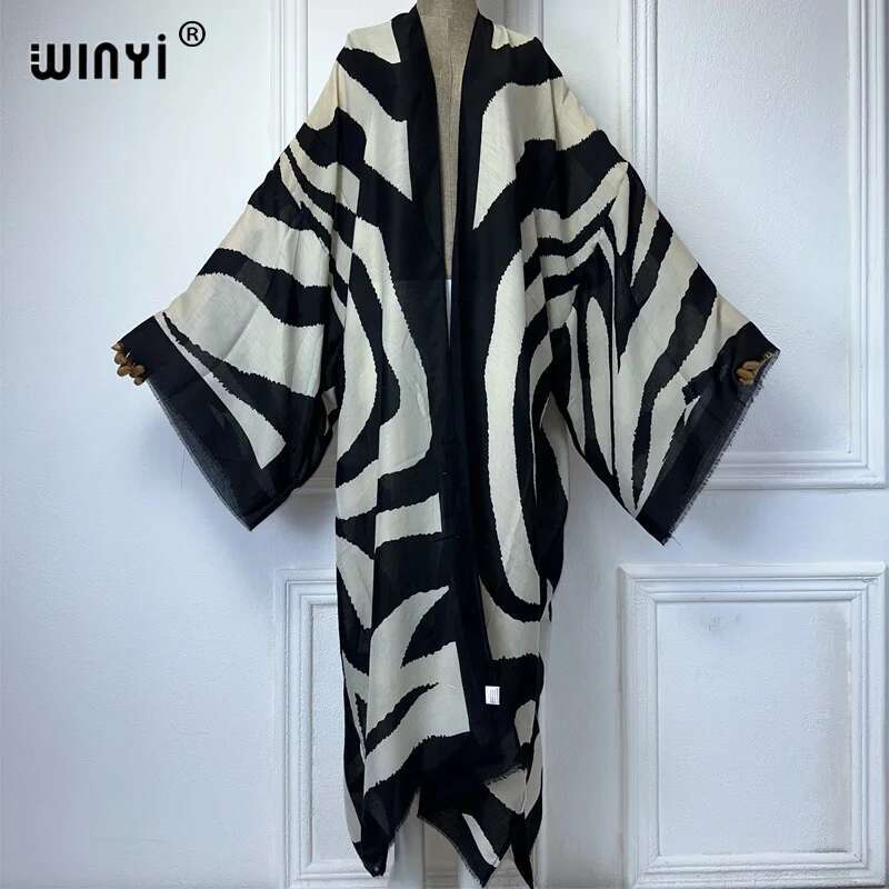 WINYI Kimono Zebra Print Cardigan Abaya Dubai Elegant Beach Outfits Long Coat Women Sexy Cotton Feeg Dress Kaftan