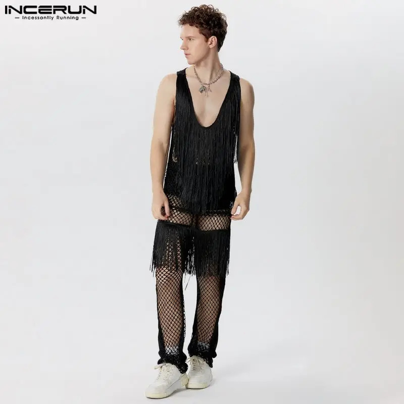 INCERUN mens mesh fringe patch hollow transparent sleeveless vest and pants 2PCS streetwear mens set S-5XL 250318