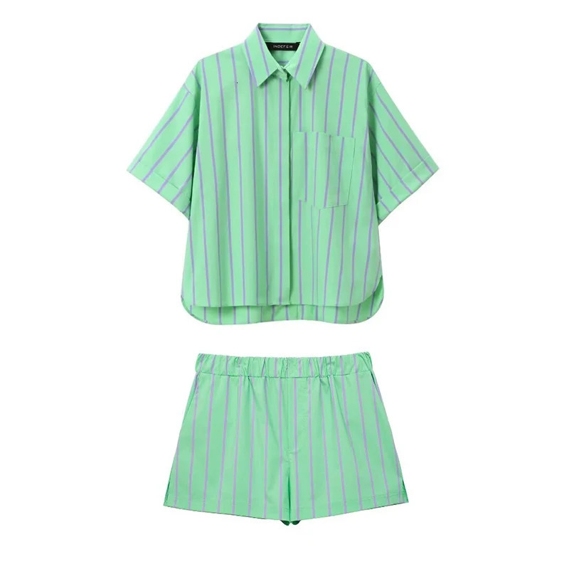 Willshela Women Fashion Two Piece Set Green Striped Single Breasted Shirt Elastic Waist Shorts Chic Lady Sets 250311