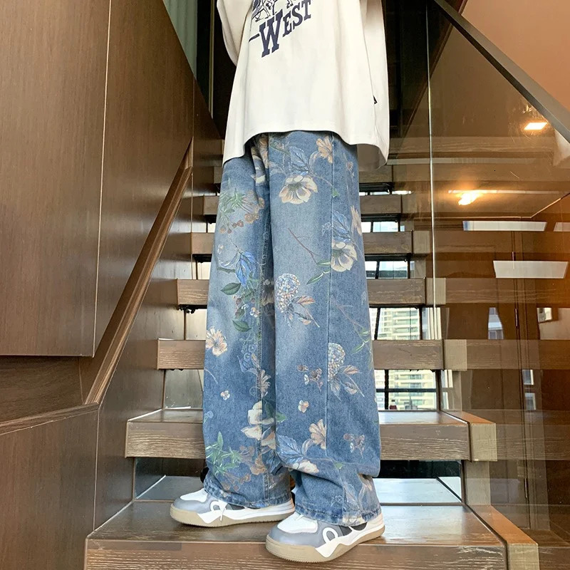 American High Street Floral Printed Jeans For Men Y2K Vintage Denim Trousers Hip Hop Fashion Wide-leg Baggy Jean Pants 250320