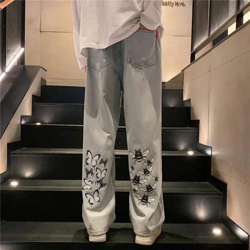 Fashion Butterfly Bee Bag Jeans Mens Hip Hop 90s Retro Grunge Emo Denim Pants Aesthetic Brushing Boys Street Clothing 250320
