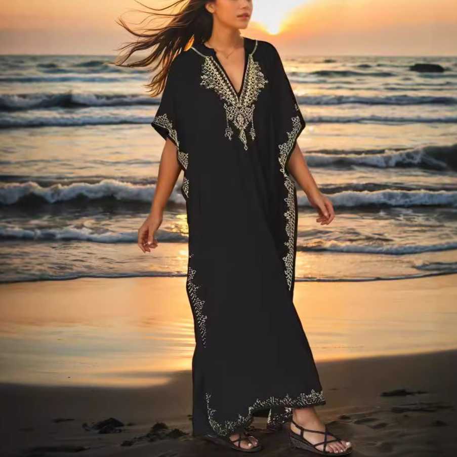 New rayon embroidered split skirt beach coat holiday gown bikini long Blouse Dress 250315