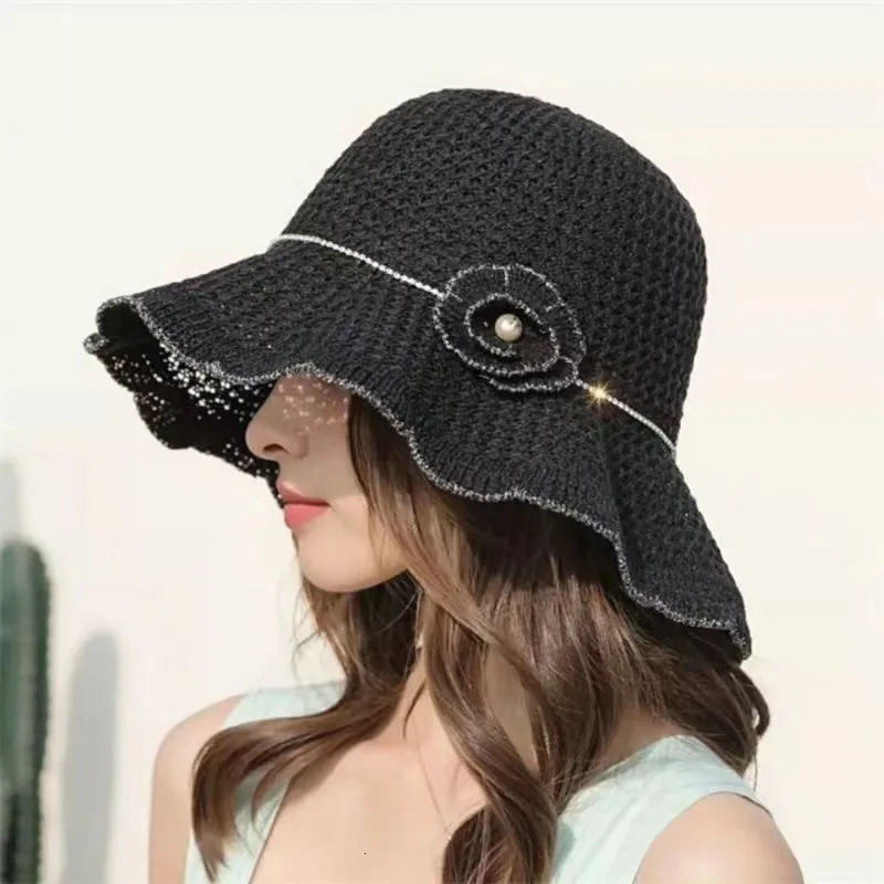 Black Hat Spring Summer Hat Korean Foldable Beach Straw Flower Leisure Sun Protuction Fisherman Bucket Hat for Women Panama Caps 250320
