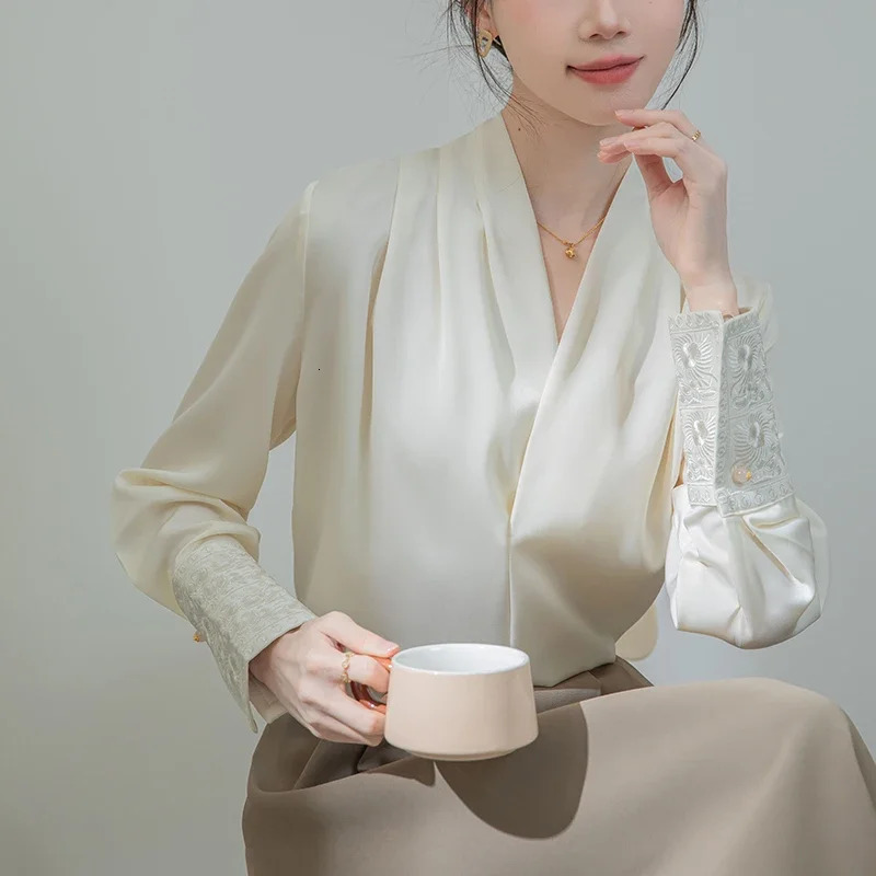 Spring Autumn Chinese Style Womens White Blouse 2025 Embroidery Long Sleeve Cross V-neck Casual Office Lady Shirt Female 250320