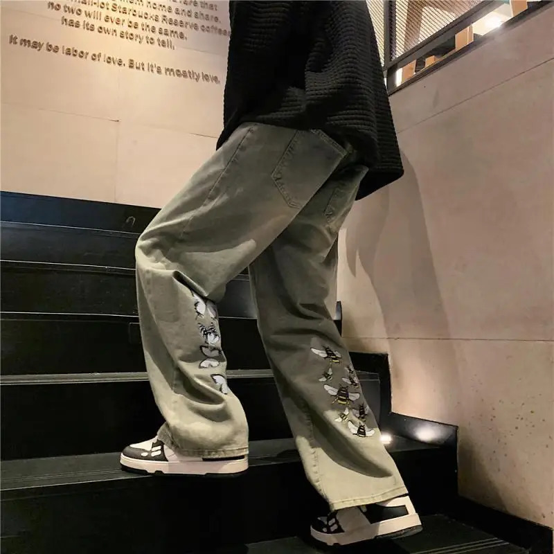 Fashion Butterfly Bee Bag Jeans Mens Hip Hop 90s Retro Grunge Emo Denim Pants Aesthetic Brushing Boys Street Clothing 250317