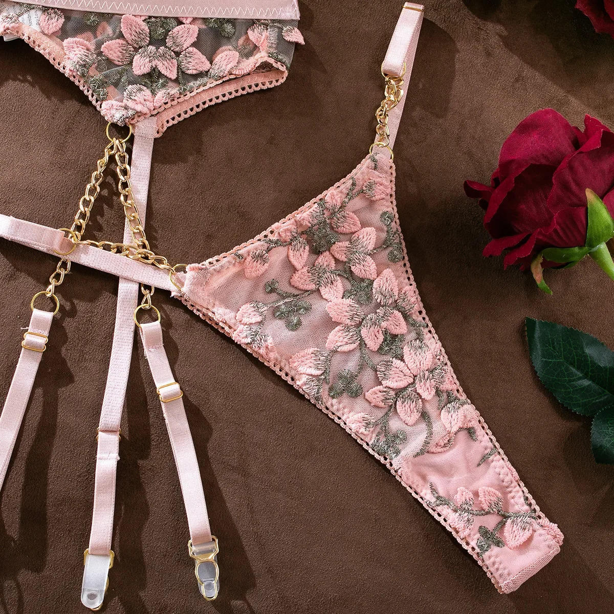 Girl Embroidered Flower Perspective Lingerie Set Womens Sweet Sexy Chain Underwear Female Solid See Though Bra Three Piece Set 250320