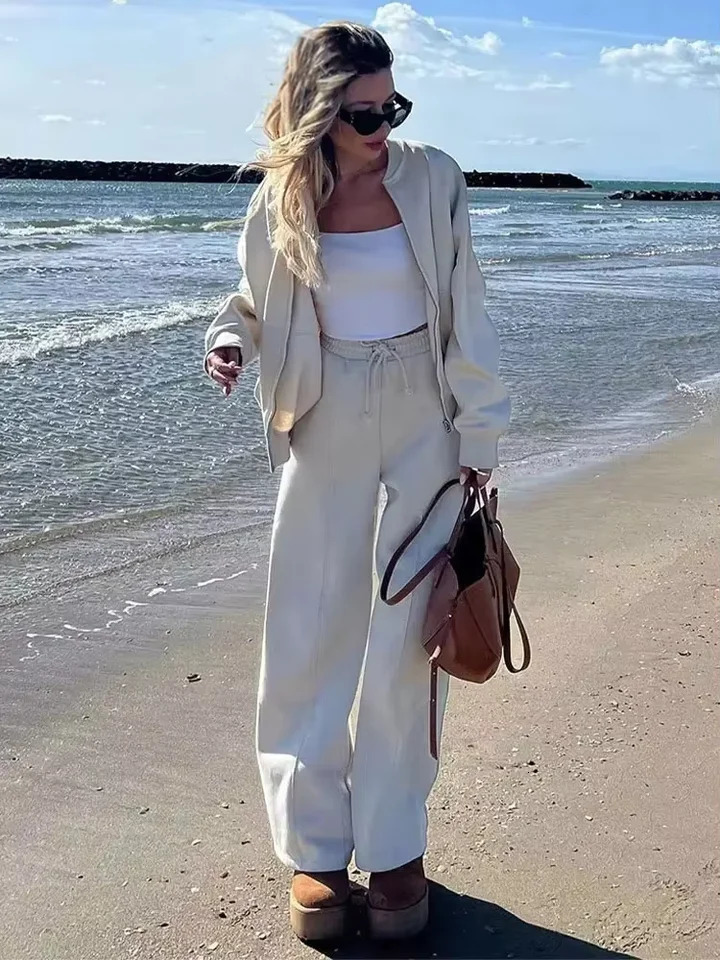 Womens 2-piece Track Set Retro Zipper Bomber Jacket Sweater High Waist Womens Loose Velvet Pants Sportswear 250320