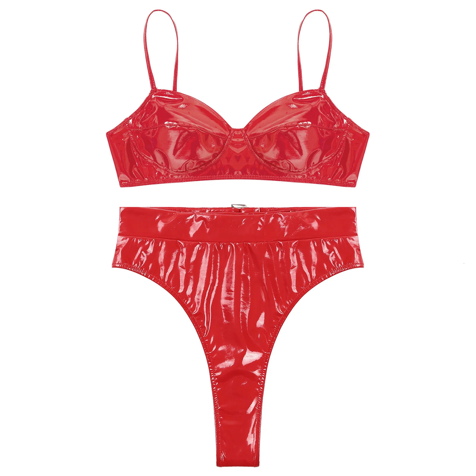 Womens Lingerie Intimates Underwear Set Rave Wet Look Patent Leather Wire-free No Padded Belly Bra Top with High Waist Briefs 250320