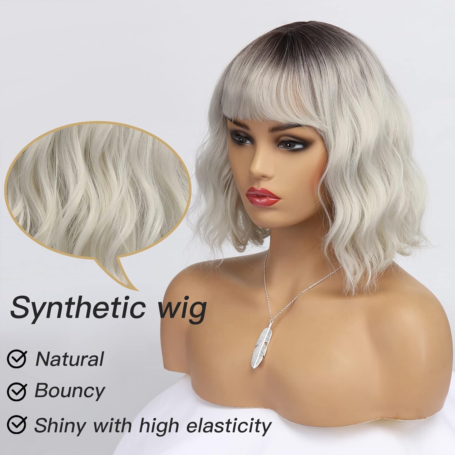 Short White Silver Wigs for Women Ombre Grey Wavy Bob Wig with Bangs Medium Length Synthetic Hair Water Wave Dark Roots Wig Gray Colorful Wigs