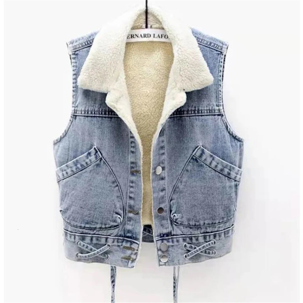 Autumn Lamb Wool Liner Plush Thick Cowboy Vest Winter Plus Velvet Warm Women Denim Waistcoat Female Gilet Sleeveless Vest Jacket 250320