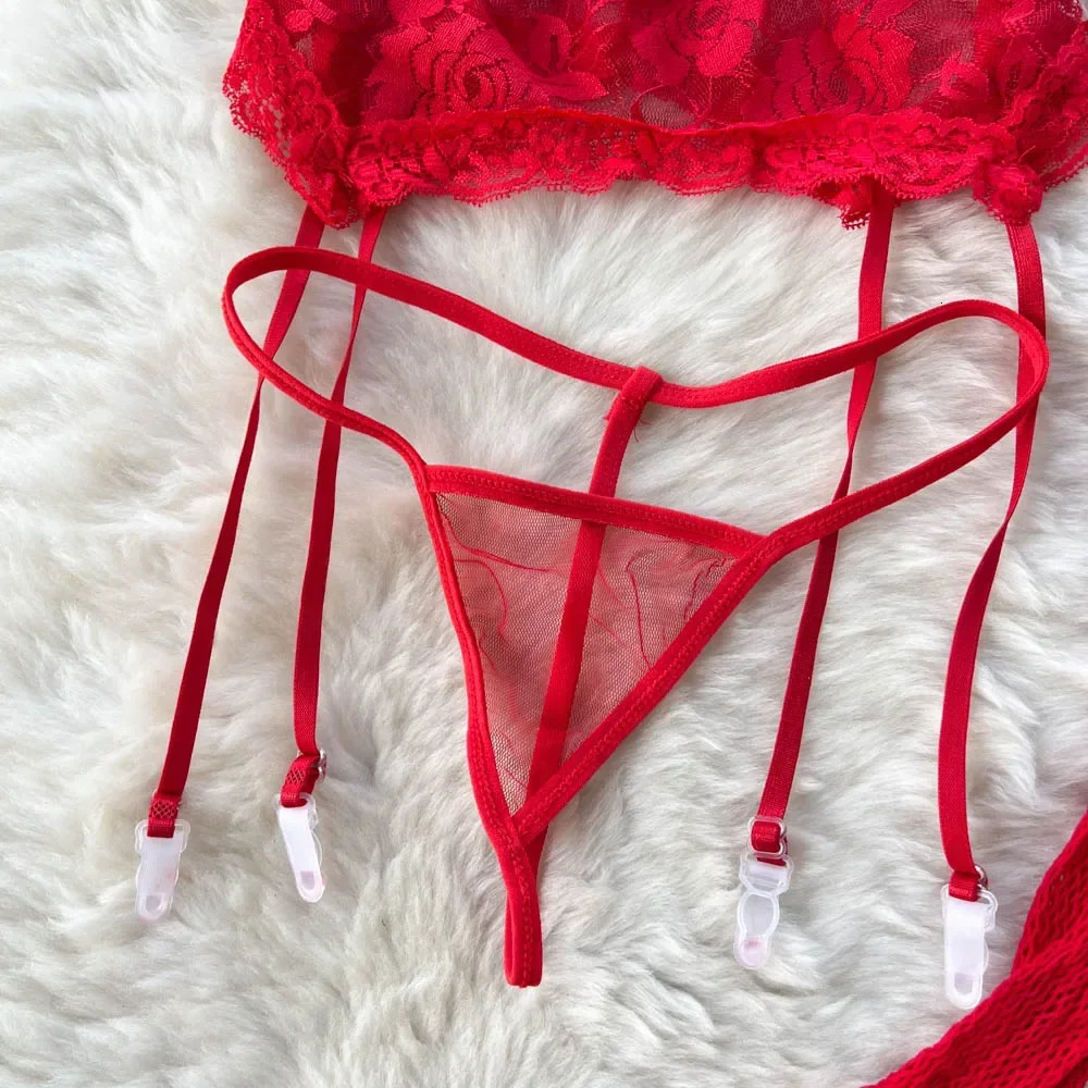 CHILLGIO Women Transparent Floral Lace Bra Brief Suit Fashion Tight Erotic Underwear 3 Piece Sexy Intimate Lingerie Stocking Set 250320