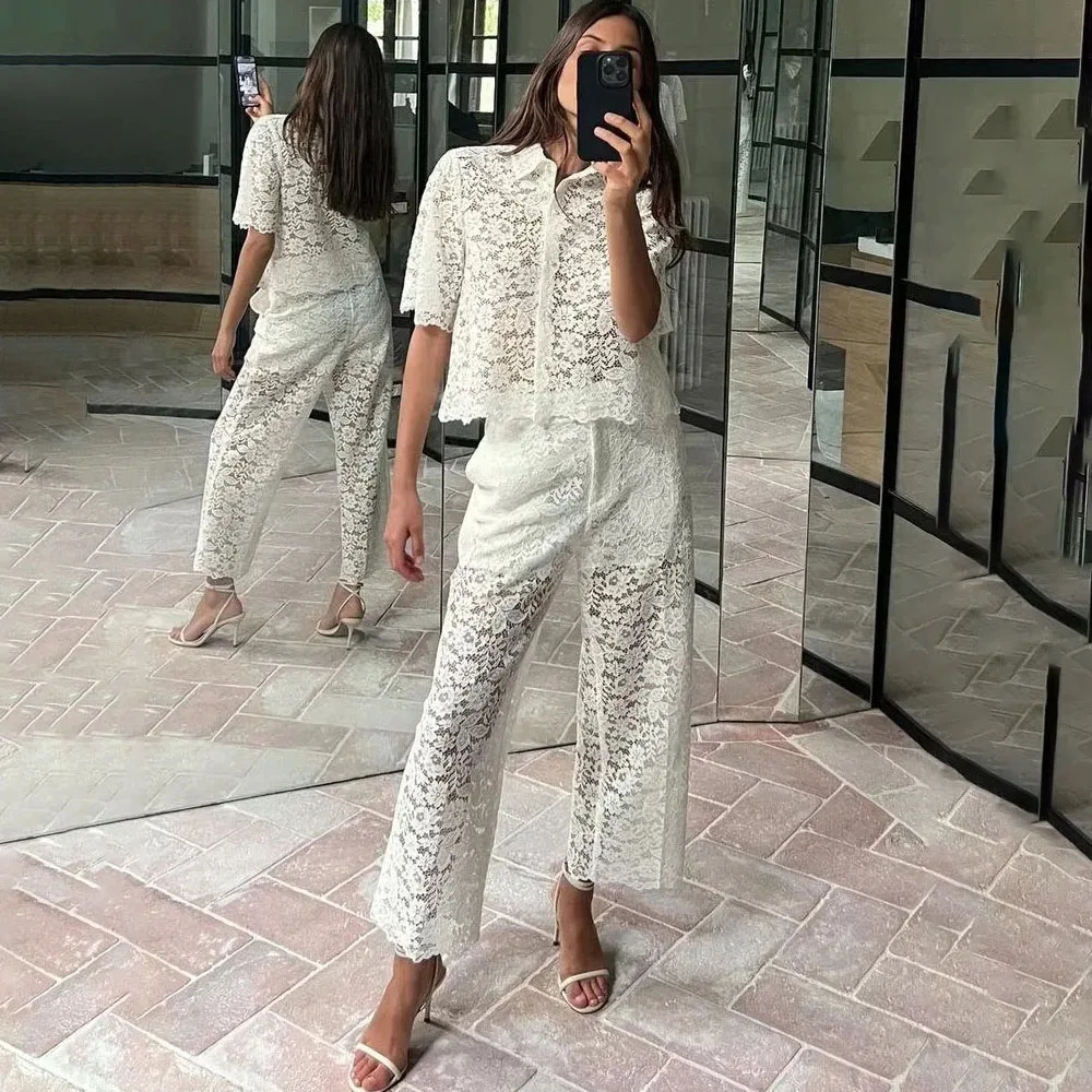 Transparent white vacation style lace pants set for womens summer leisure office womens set hollow out matching 250320
