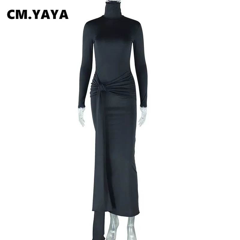 CMYAYA Womens Full Sleeve Turtle Neck Ribbon Ruffle Long Dress Spring Sexy Street Slimming Evening Club Party 250320