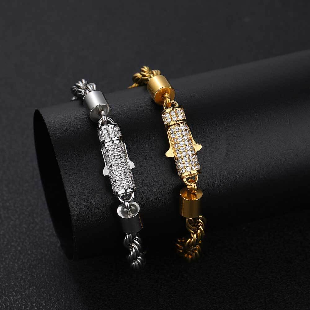 New Style 6mm Iced Out Clasp Rope Chain Stainless Steel 18K Gold Plated Twist Rope Chaain Bracelet Jewelry For Women