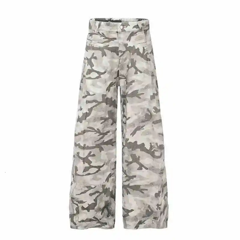 PFNW retro brushed gray white camouflage multi pocket cargo pants niche jeans loose straight leg wide 28W5796 250317