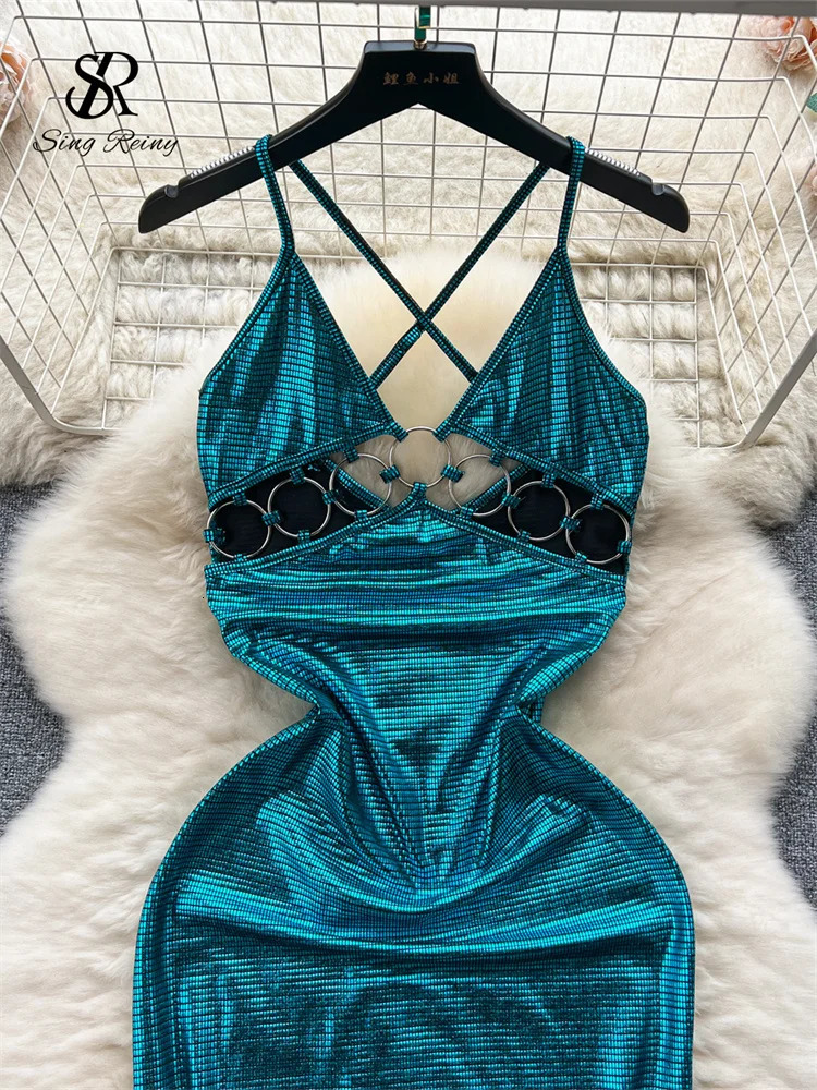 SINGREENY sexy evening gown round hollow outer shoulder strap tight corset backless INS gentle slim long party dress 250320