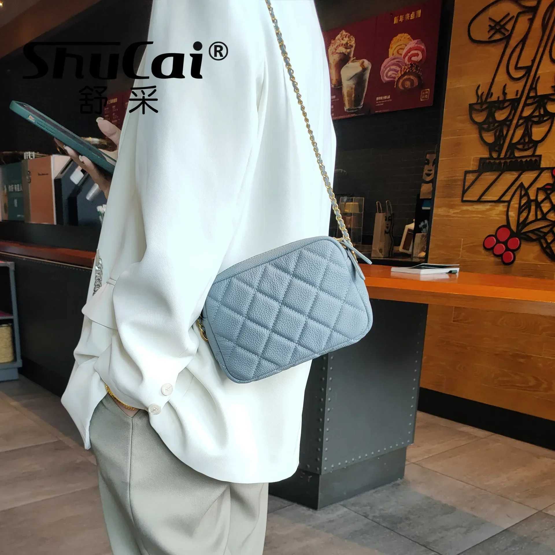 Genuine leather womens diamond shaped fashion chain soft denim shoulder messenger casual designer cross design womens bag Y250319
