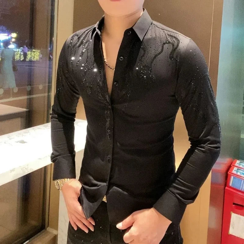 Mens Spring Autumn Solid Color Long Sleeve Button Turn-down Collar Rhinestone Cardigan Shirt Retro Casual England Style Tops 250313