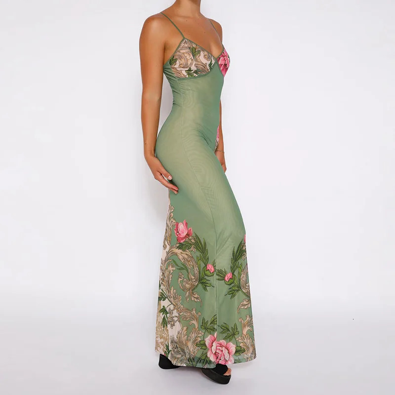 Sleeveless printed pendant dress for women fashionable V-neck ultra-thin long dress summer chic womens beach party club robe 250317