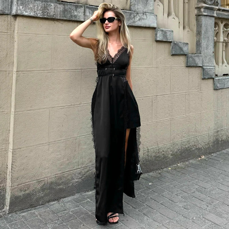 CUTENOVA SpringSummer Solid Color Sleeveless Lace Splicing Work Strap High Split Dress Sexy and Spicy Fashion 250320