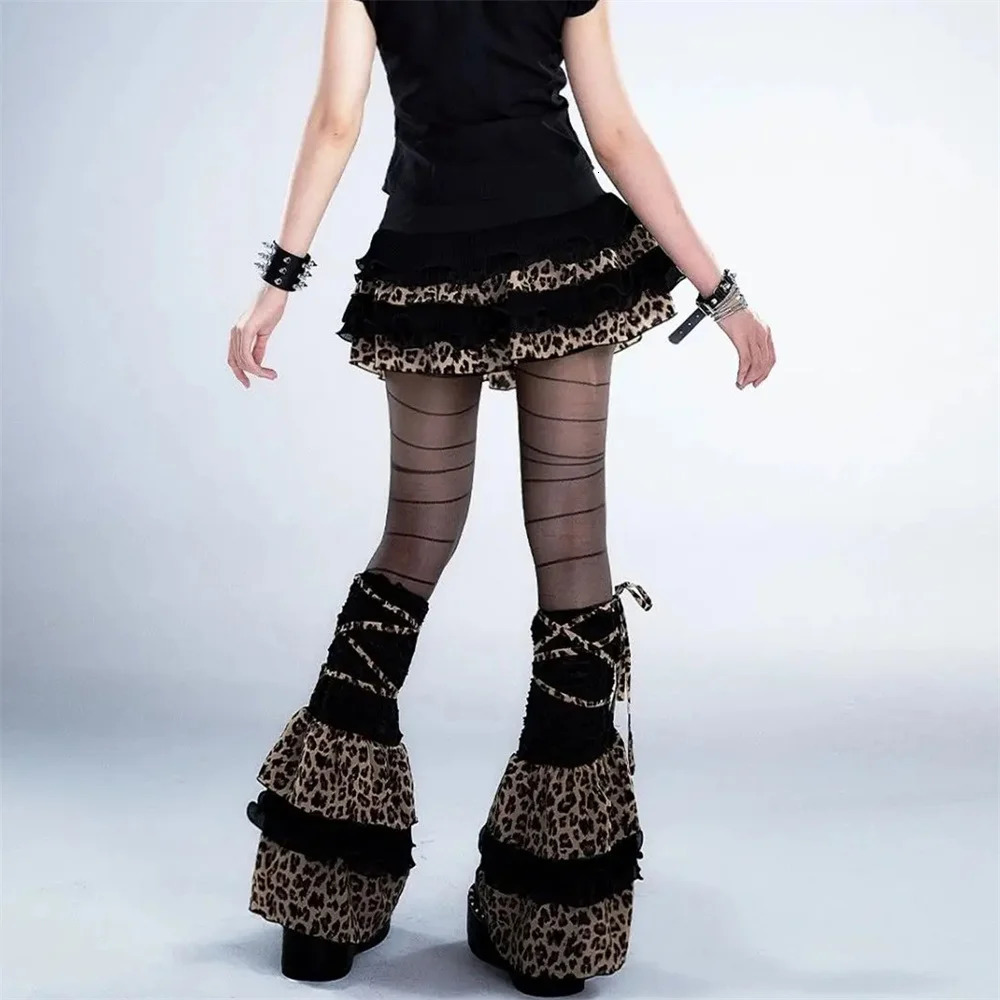 Y2K Leopard Print Ruffle Kawaii Vintage Skirts Goth Black Aesthetic Subculture Short High Waist Punk Cake Fluffy Cute Slim Skirt 250320