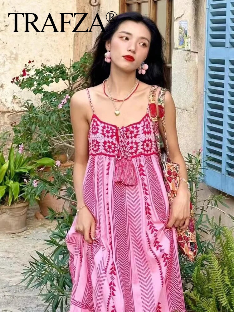 TRAFZA Women Fashion Floral Knitted Patchwork Sling Beach Dress Female Blocked Sleeveless Backless Slimming 250317
