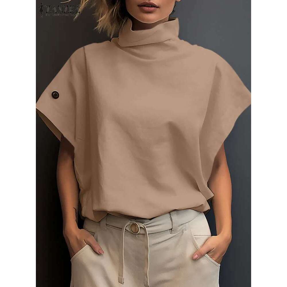 Women Fashion OL Work Shirt 2024 ZANZEA Summer Elegant Turtleneck Short Sleeve Blouse Casual Loose Office Tops Party Blusas