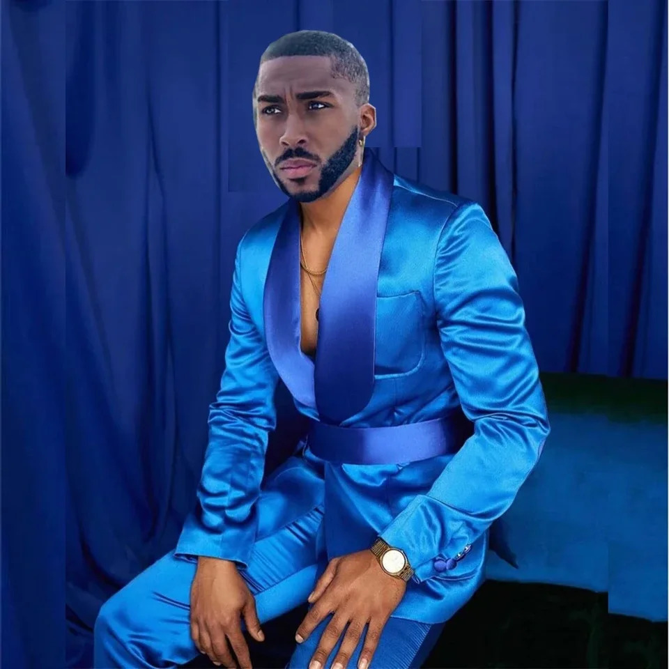 Blue Stain Suit for Men Two Pieces Jacket Pants Shawl Lapel Male Clothing Formal Wedding Party Groom Slim Fit Blazer Set 250311