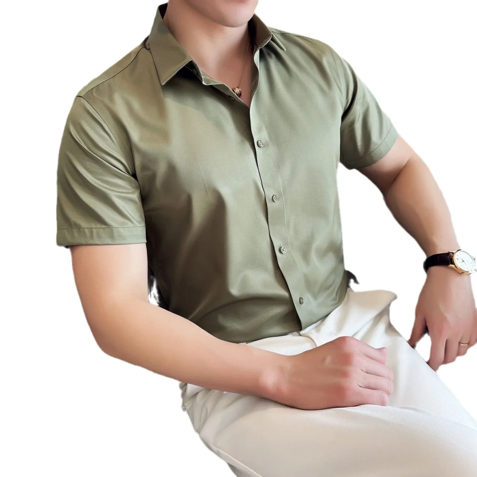 S~6XL increase summer mercerized satin short sleeve shirt ice silk cool half sleeve solid color business casual men shirt 250320