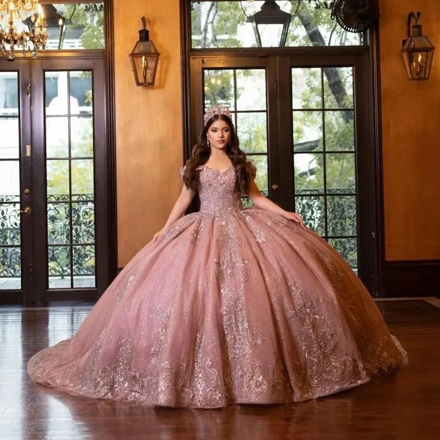 Rose Gold Sparkly Sexy V-Neck Crystal Appliques Quinceanera Dresses Ball Gown Off The Shoulder Beading Sweet Vestidos De 15 Girls Custom Made