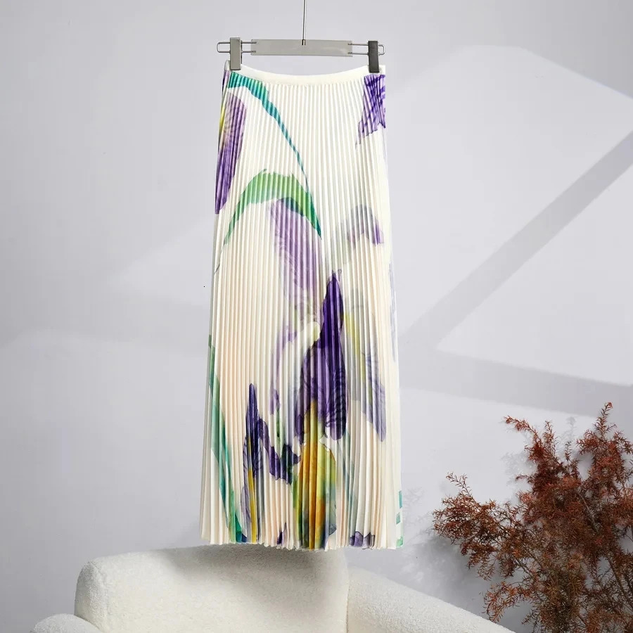 Miyake Holiday Flower Pleated 2 Pieces Skirt Set Womens Short Sleeve Stretch T-Shirt Tops Elastic Waist Miyake Skirt Suit 250320