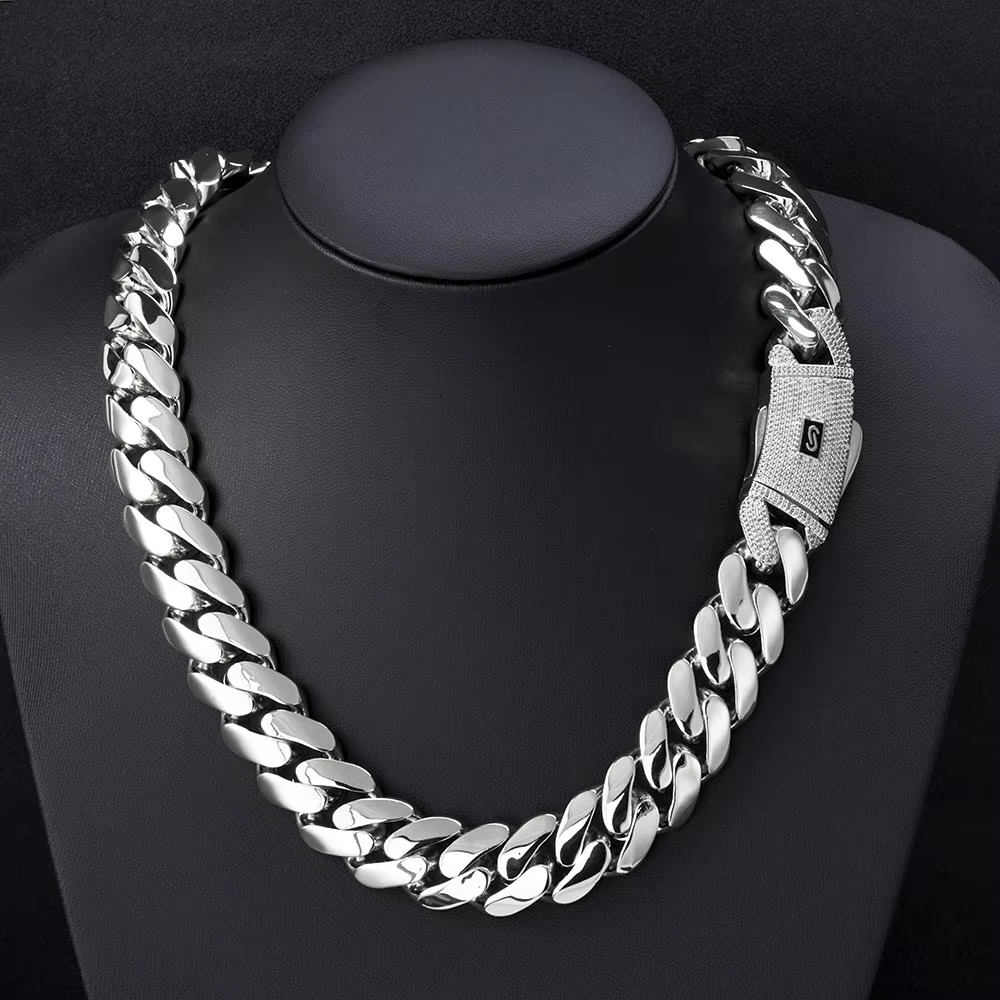 High Quality 14K Monaco Chain 925 Silver Cuban Link Necklace Iced Out VVS Moissanite Clasp Smooth Cuban Chain Jewelry