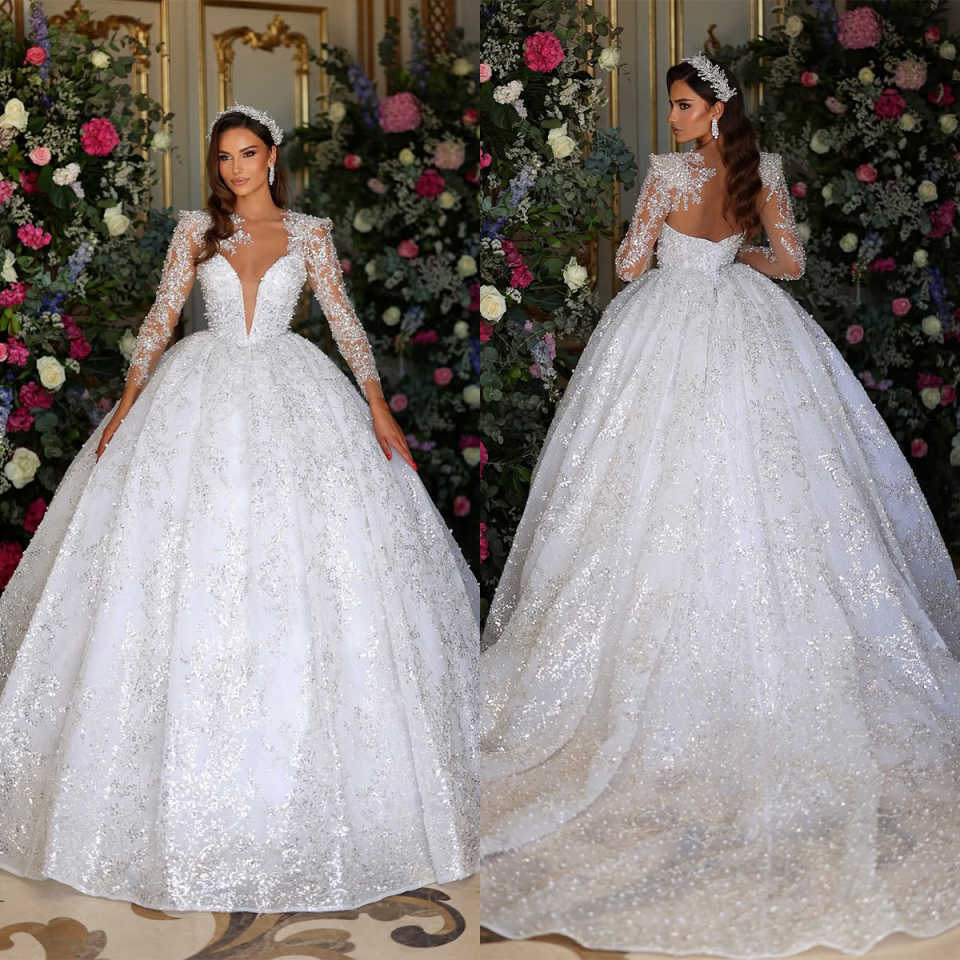 Elegant Women Wedding Sheer Neck Long Sleeves Bridal Gowns Sequins Beaded Sweep Train Dress Custom Made