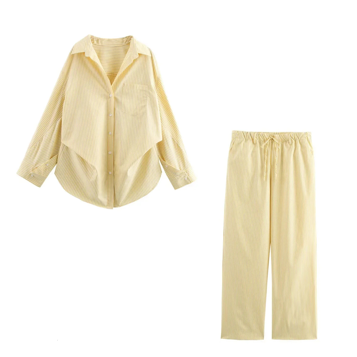 TRAFZA 2025 Spring Summer Casual Poplin Striped Women Suits Fashion Vintage Turn Down Collar Loose Shirts Chic Drawstring Pants 250320