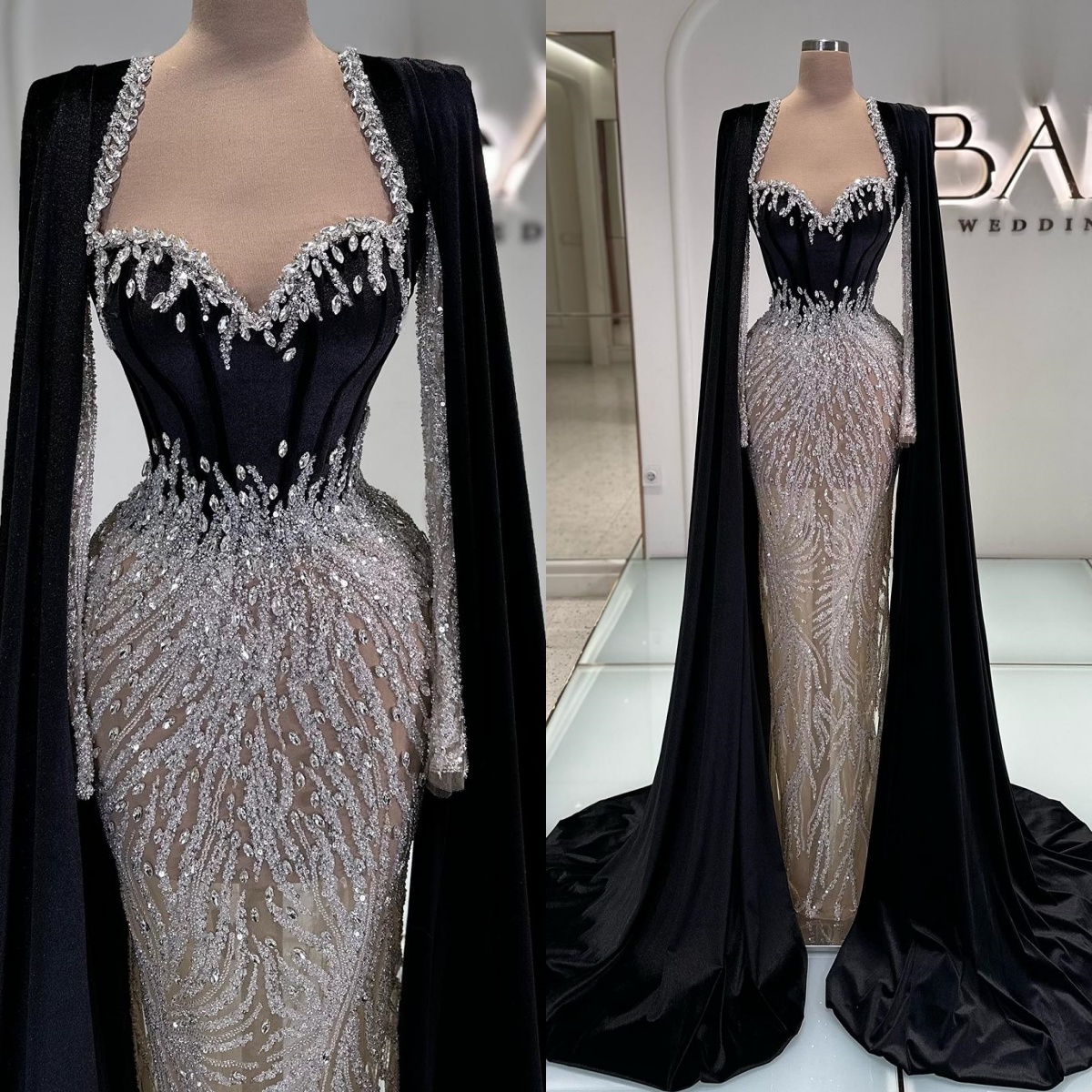 Vintage Sequins Evening Dresses Beading Crystal Prom Gowns Sweetheart Neck Long Sleeves Customized Princess Sweep Train Party Dress Vestidos De Noche