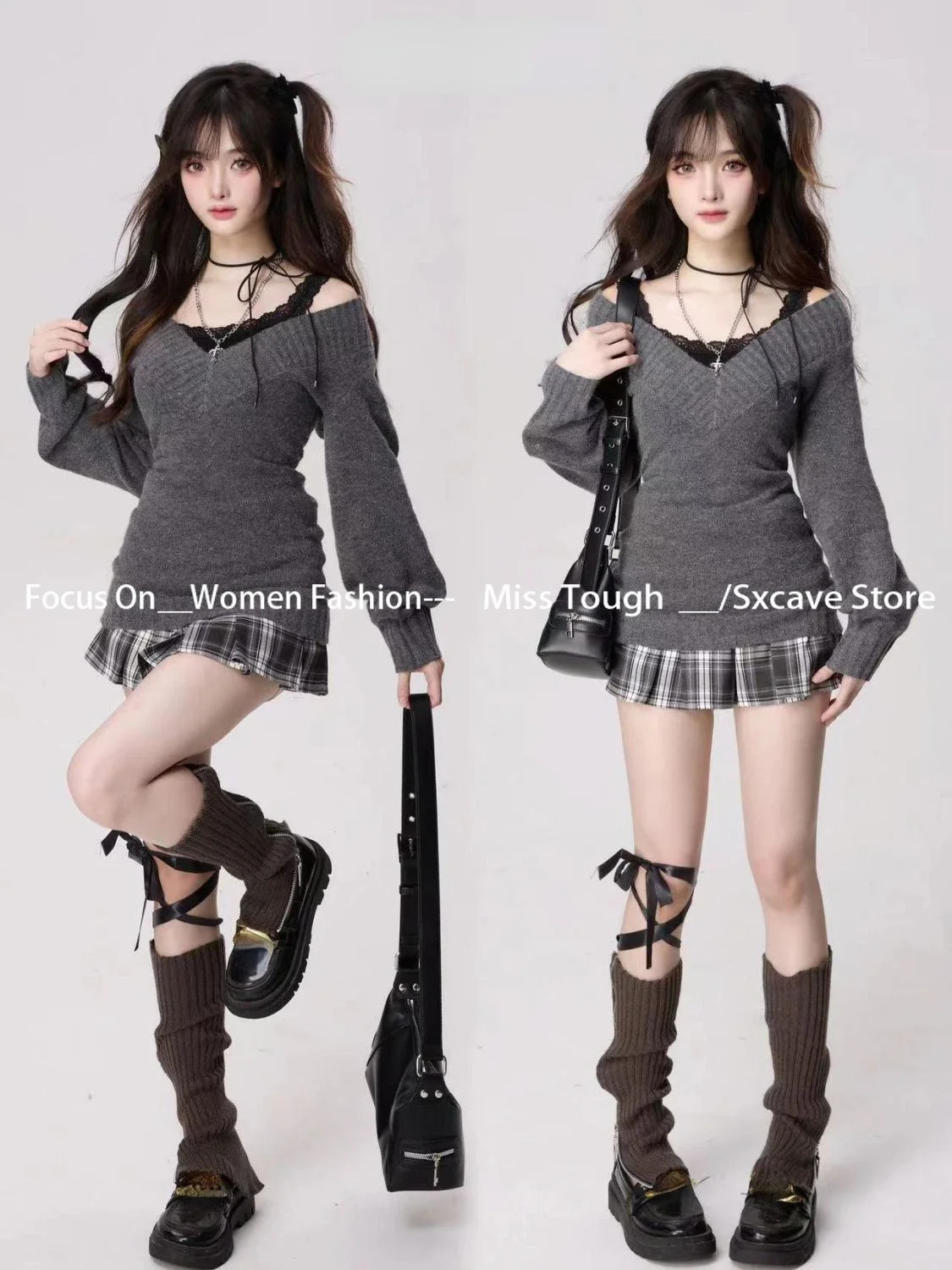 Knitted Suits Autumn Winter Woman V-neck French Vintage Long Sleeve Pullovers Knitwears 2000s Aesthetic Korean Sweater Sets Y2k 250320
