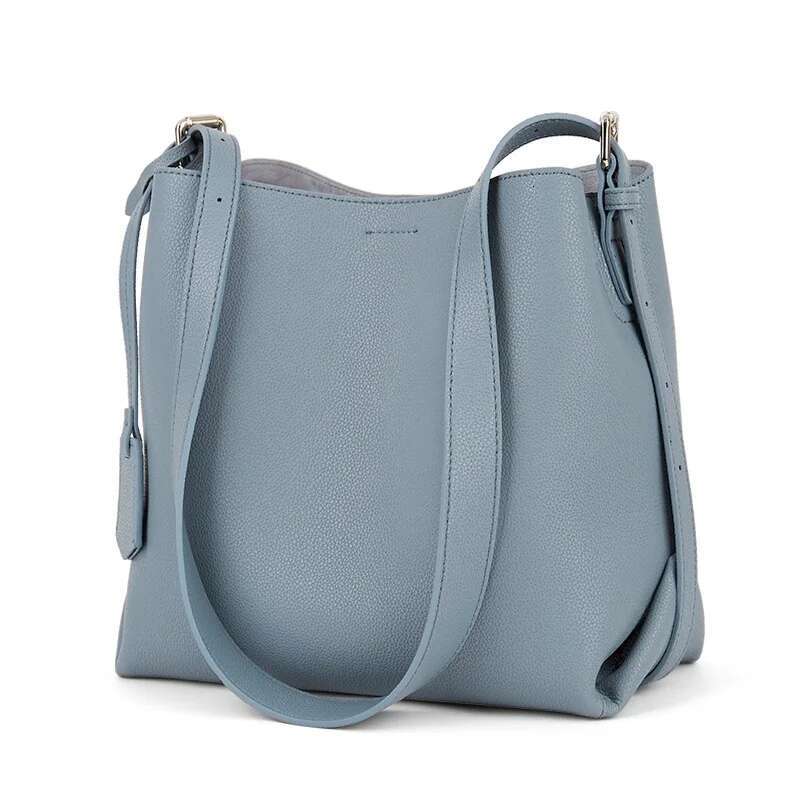 New Elegant Pure Blue Solid Color Bucket Medium Fashion Cowhide Leather Women Shoulder Bag OL Office Lady Business Handbag