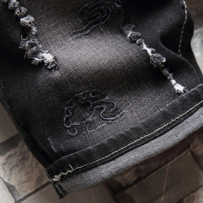 Black denim shorts jeans silver dragon embroidery perforated s fashionable slim fit loose jacket hiphop high street 250312