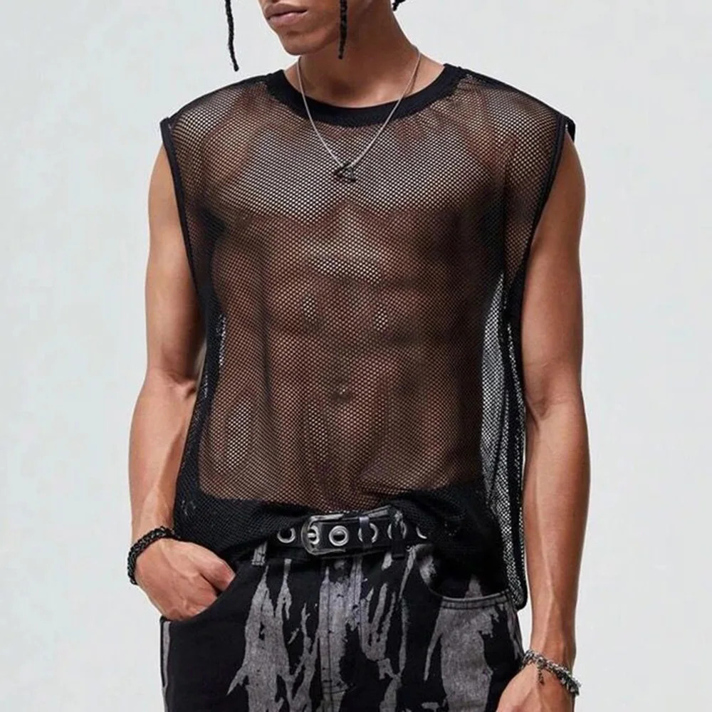 Mens vest with mesh hollow breathable sexy ultra-thin vest street clothing fashionable niche sports gym casual top mens clothing style 250318