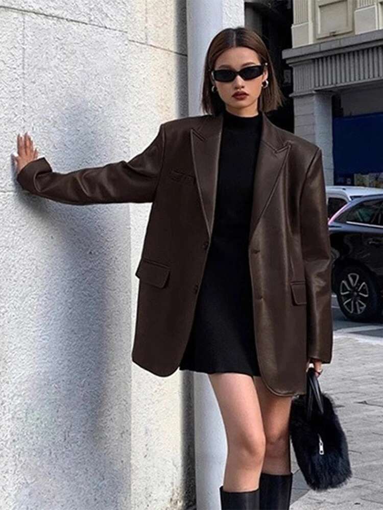 Vintage Women PU Leather Jacket Casual Single-Breasted Long Sleeve Loose Female Coat With Pocket Autumn Chic Ladies Streetwear