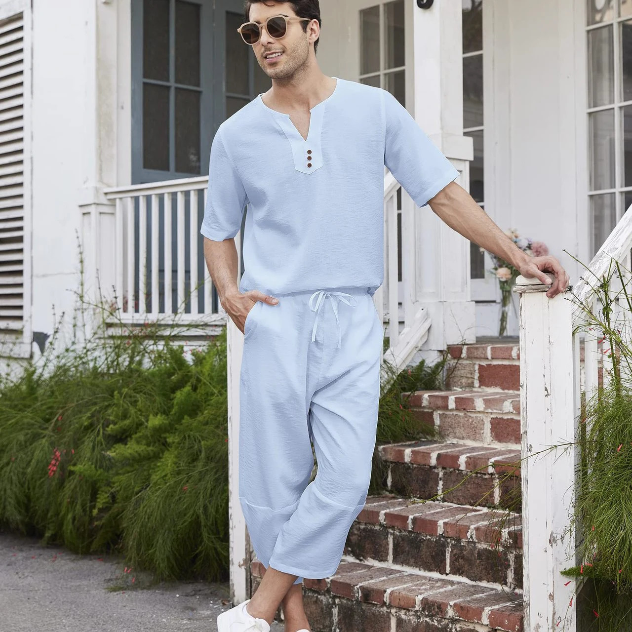 Summer Cotton Linen Shirt Set Mens Casual Outdoor 2-Piece Suit Andhome Clothes Pajamas Comfy Breathable Beach Short Sleeve Sets 250320