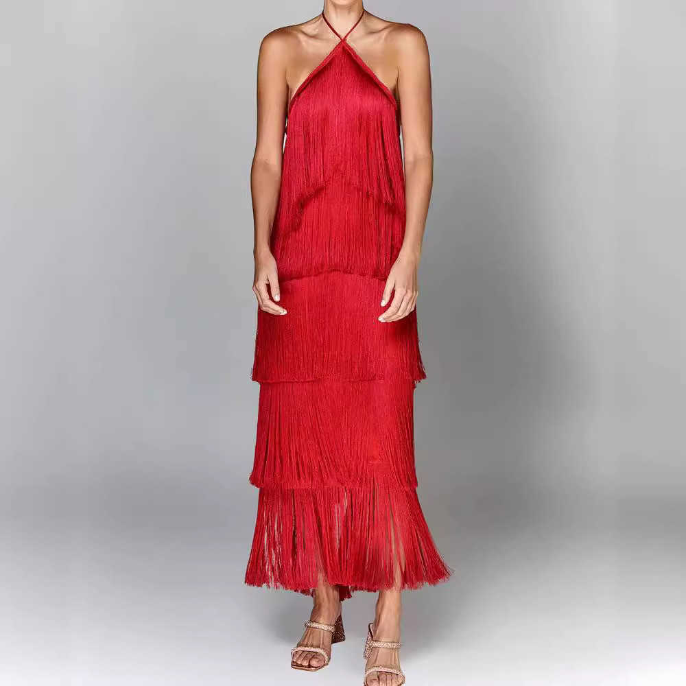 GY25044 Fashion Hanging Neck, Tassel, Bare Back, Split Dress 250315