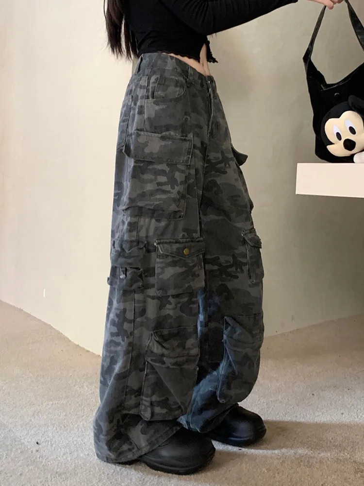 Trashy Y2K Fashion Washed Camouflage Multi Pockets Baggy Jeans Cargo Pants For Women Clothes Wide Leg Loose Lady Trousers 250320