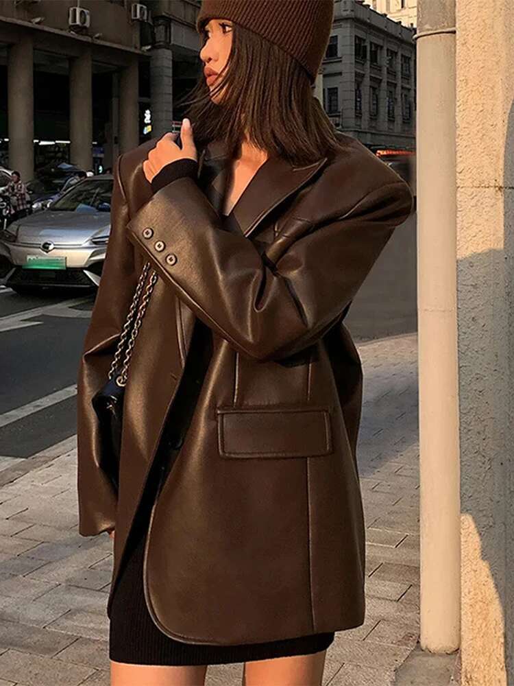 Vintage Women PU Leather Jacket Casual Single-Breasted Long Sleeve Loose Female Coat With Pocket Autumn Chic Ladies Streetwear