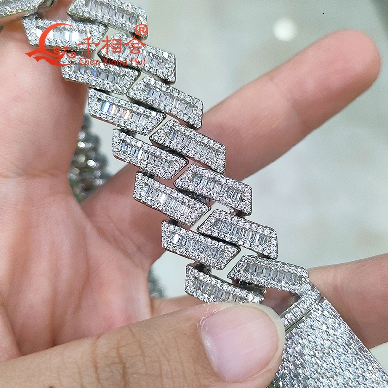 S925 Silver Cuban Link Necklace 18mm Wide Trapezoidal Rhombic Baguette Iced out Hip Hop Moissanite Chain Jewelry Women And Men