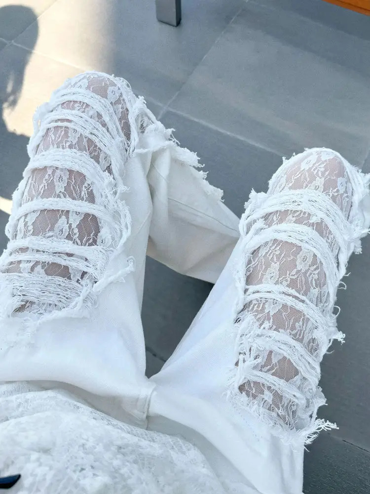 Ropa Y2K Fashion White Pocket Lace Hollow Tear Stacked Jeans Womens Clothing Hip Hop Women Trouser Pantalon Women 250320