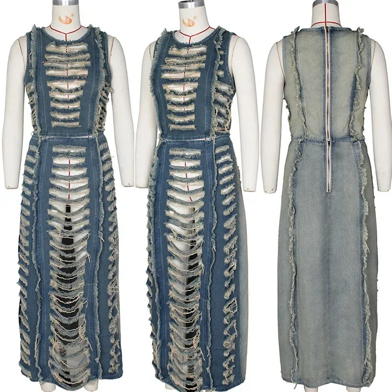 Mens open top denim two-piece Y2K birthday dress sleeveless crop top and side sewn long sleeved tight jeans 250318