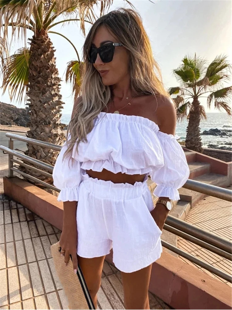Women Casual Short Sleeve Outfit Summer Fashion One-Word Collar Lantern Sleeve Pocket Suit Female Top Shorts Two Pieces Set 250318